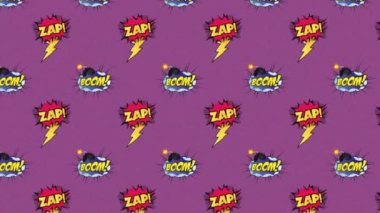 Animation of 5 comic option texts on different backgrounds. social media, comic and communication concept digitally generated video.