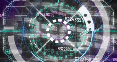 Animation of numbers, processing circle and financial data on digital screen. Global finance, economy, data processing and technology concept digitally generated video.