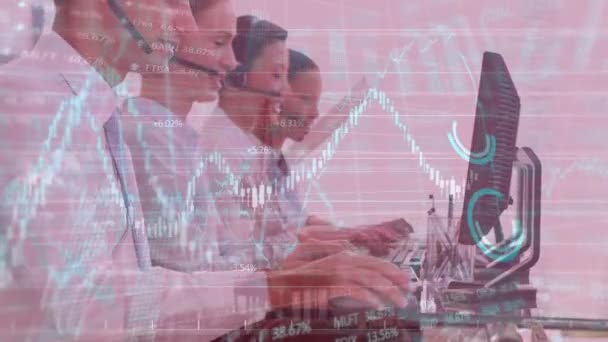 Animation Financial Data Processing Diverse Business People Using Phone Headsets — Vídeo de stock