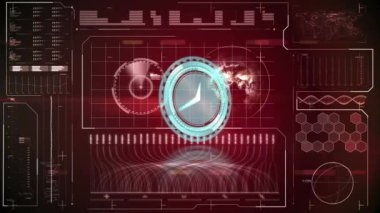 Animation of scope scanning with clock over data processing on red background. global technology, computing and digital interface concept digitally generated video.