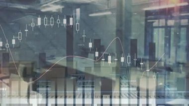 Animation of graphs and financial data over packages in warehouse. Business, finance, money and delivery services concept digitally generated video.