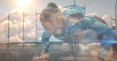 Animation of network lines connecting dots, caucasian woman doing pushups at park. Digital composite, multiple exposure, connect the dots, wellbeing, fitness, healthy lifestyle, exercise.