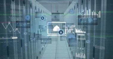 Animation of data processing and multiple round scanners against empty computer server room. Business data and storage technology concept