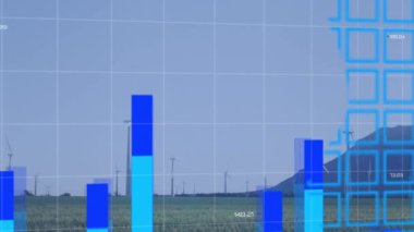 Animation of statistics and financial data processing over world map, wind turbines in countryside. Global sustainability, environment and data processing concept digitally generated video.