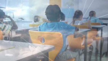 Animation of network of connections over diverse pupils in classroom. School, education, connections and network concept digitally generated video.