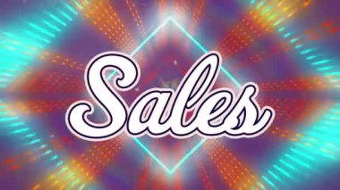 Animation of digital sales text amidst illuminated colorful square shapes. Multiple exposure, digitally generated, glowing, advertisement, shopping, retail, banner, business and commercial sign.