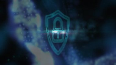 Animation of security padlock and data processing. Global online security, computing, connections and data processing concept digitally generated video.