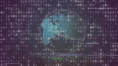 Animation of rotating globe, glitch and binary code on violet background. global connections, technology and digital interface concept digitally generated video.