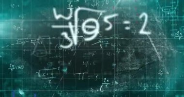 Animation of digital science formula and math equation moving against grid pattern. Digitally generated, multiple exposure, data, futuristic, technology, artificial intelligence. Machine learning.