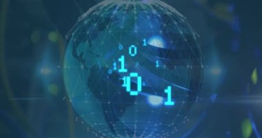 Animation of grid patterned globe with binary codes against abstract background. Hologram, digitally generated, data, infographic, futuristic and technology concept.