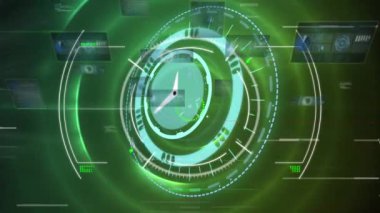 Animation of data processing with hud and clock, light beams on digital interface. Digital composite, artificial intelligence, communication, cloud computing, technology, futuristic, connection.