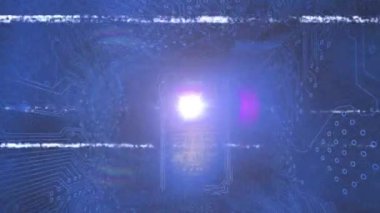 Animation of bright light over key with circuit board elements on glitch digital interface. Digital composite, data, technology, artificial intelligence, cloud computing, network security, password.