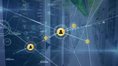 Animation of network of people icons and data processing over computer servers. Global communication, business, networking, data and digital interface concept digitally generated video.