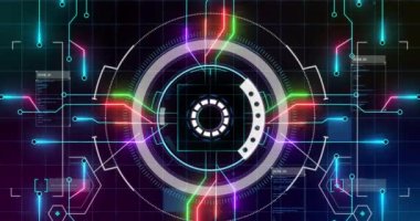Animation of processing circle over integrated circuit and colorful lights in digital space. Digital screen, interface, computers, data and technology concept digitally generated video.
