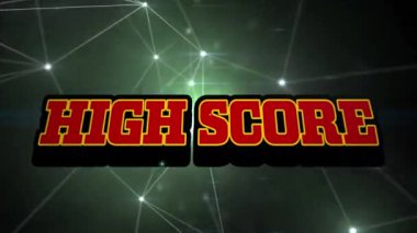 Animation of high score text with light beam, speech bubble, connecting dots on video game interface. Digital composite, connect the dots, communication, technology, entertainment.