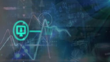 Animation of network of connections with icons over data processing. Global technology, computing and digital interface concept digitally generated video.