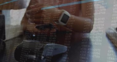 Animation of data processing over biracial woman paying with smartwatch. Global technology, computing and digital interface concept digitally generated video.