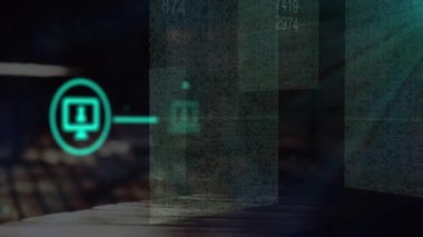 Animation of network with digital icons and data processing. Global computing, connections and data processing concept digitally generated video.