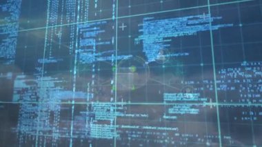 Animation of network of connections and data processing over sky with clouds. Global cloud computing, networking and data processing concept digitally generated video.