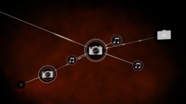 Animated 3d illustration of camera and music note icons connecting through digital lines. Digital composite, technology, connection, futuristic, networking, sharing, music, photographic equipment.