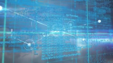 Animation of network of connections and data processing against clouds in the blue sky. Global networking and cloud data storage technology concept