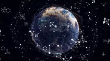 Animation of molecular structures and plexus networks over spinning globe against black background. Medical research and business networking technology concept