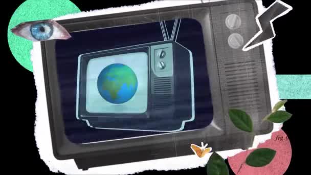 Κινούμενα Σχέδια Vintage Τηλεόρασης Και Υδρόγειο Μάτι Φυτό Και Φλας — Αρχείο Βίντεο