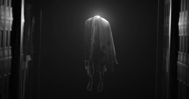 Image of moving ghost and buildings on black background. Halloween and ghosts concept digitally generated image.