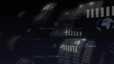 Animation of data processing and binary coding on screens over globe. Global data processing and digital interface concept digitally generated video.