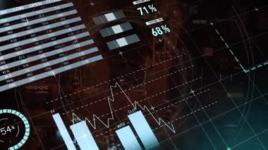 Animation of financial data processing over scope scanning and cityscape. global finances, computing and digital interface concept digitally generated video.