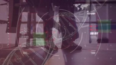 Animation of screen with scientific data and dna over legs of caucasian man tying shoes. Sport, fitness and biological function monitoring concept digitally generated video.