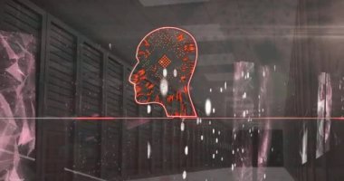Animation of head with flames and glowing motherboard over network of connections and server room. Global communication, business, data and digital interface concept digitally generated video.