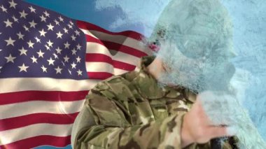 Animation of frozen screen over caucasian male soldier with weapon over flag of usa. American patriotism, army and freedom concept digitally generated video