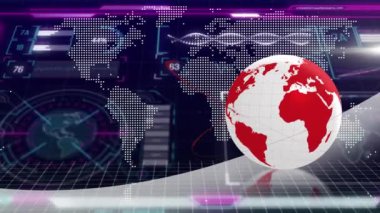 Animation of red globe over interface screen processing data and world map on black background. Global communication, business, data, network and digital interface concept digitally generated video.
