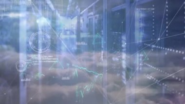 Animation of network of connections, triangles and clouds over servers. Global network, connections and technology concept digitally generated video.