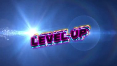 Animation of level up and stars on night sky. video game, communication and entertainment concept digitally generated video.