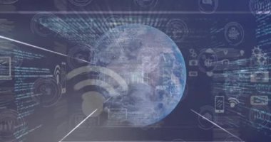 Animation of digital interface with data processing over a globe against blue background. Global networking and business technology concept