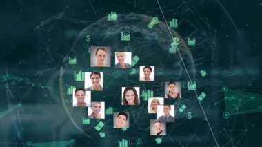 Animation of diverse people icons over globe and network of connections. global business, computing and digital interface concept digitally generated video.