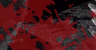 Animation of red paint splats over moving grey organic textures on black background. Creativity, imagination, nature and change, background concept digitally generated video.