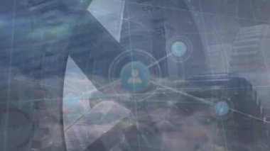 Animation of network of connections and data over turbine. Global network, connections, business and technology concept digitally generated video.