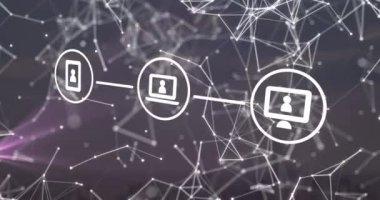 Animation of network of connections with icons over grey background. Global technology, connections and digital interface concept digitally generated video.