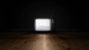 Animation of vintage tv over black room with wooden floor. Media, television, communication and information concept digitally generated video.