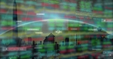 Animation of digital social media notifications, line graph and trading board against globe and city. Digitally generated, multiple exposure, telecommunications, data, investment, global business.