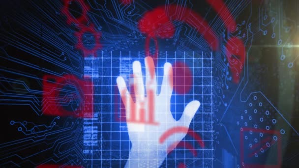 Animation Caucasian Person Fingerprints Scanning Grids Icons Digital Interface Digital — Vídeo de stock