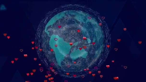 Animation Rotating Globe Hearts Navy Background Global Connections Technology Digital — ストック動画