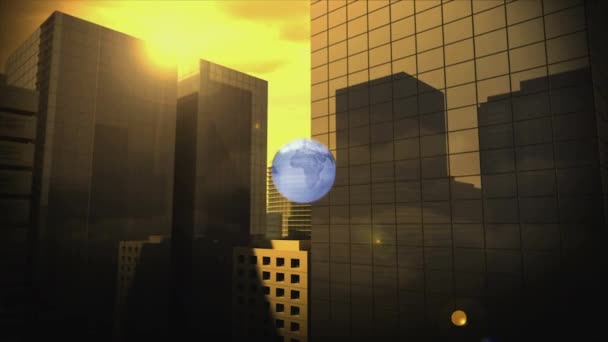 Animation Globe Rotating Modern Cityscape Sunset Global Communication Business Digital — Stockvideo