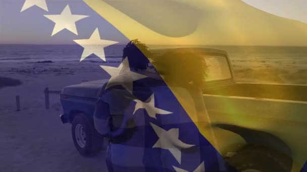 Flag Bosnia Herzegovina Waving Rear View African American Couple Enjoying — Video Stock