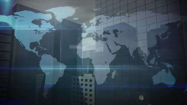 Animation Digital Screen World Map Data Connections Office Buildings Digital — Vídeos de Stock