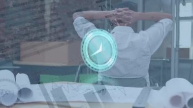 Animation of clock moving over financial data and biracial businessman in office. business, time, network and technology concept digitally generated video.