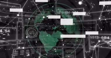 Animation of digital data processing on screens over globe. Global computing, connections, data processing and digital interface concept digitally generated video.